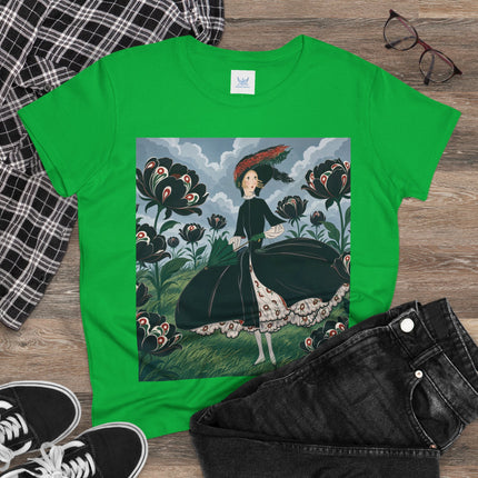 ❤️🌺 The Scarlet Parasol Garden Cotton Tee – Art Deco Floral Elegance