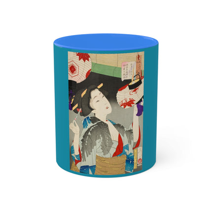 Looking Observant; The Appearance of a Kyoto Waitress of the Meiji Era by Tsukioka Yoshitoshi Colorful Mugs, 11oz