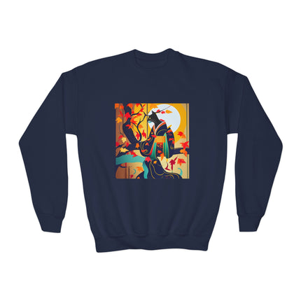 Black Cat in Kimono Youth Crewneck Sweatshirt