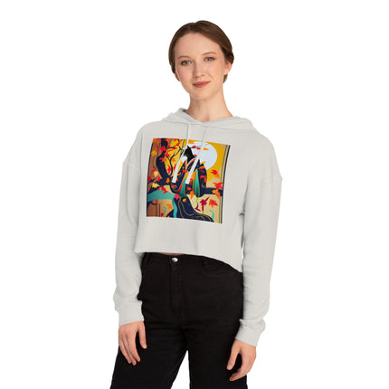 Black Cat in Kimono Women’s Cropped Hooded Sweatshirt
