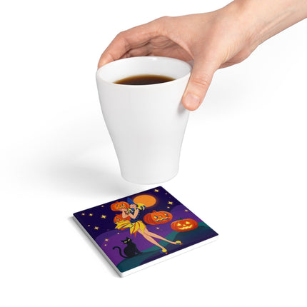 🎃🌙 Moonlit Pumpkin Masquerade Ceramic Coaster – Whimsical Halloween Charm