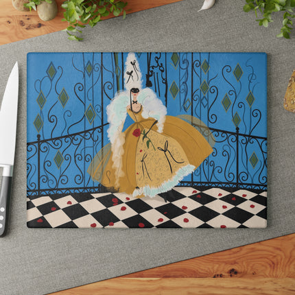 🎭🌹 The Rose Masquerade Glass Cutting Board – Art Deco Venetian Elegance