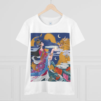 Dragon Pearl Offering Women's Midweight Cotton Tee – Mystical Fantasy & Golden Grace