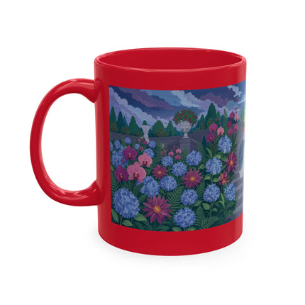 🦚🌸 The Lady & The Peacock On The Garden Steps Ceramic Mug – Art Deco Garden Elegance