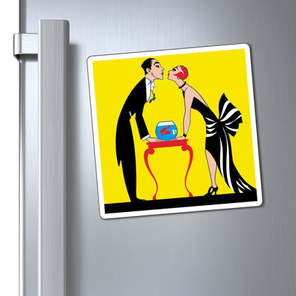 A Moment of Elegance: A Passionate Embrace Amidst Golden Splendor Magnets (3 Sizes)
