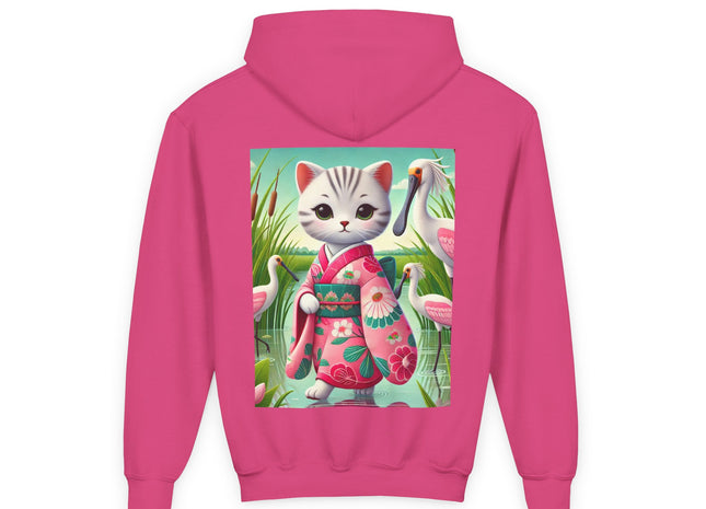 Geisha Kitten Strolls Among the Spoonbills Youth Heavy Blend Hooded Sweatshirt