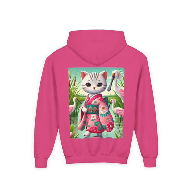 Geisha Kitten Strolls Among the Spoonbills Youth Hooded Sweatshirt – Graceful Nature & Whimsical Charm