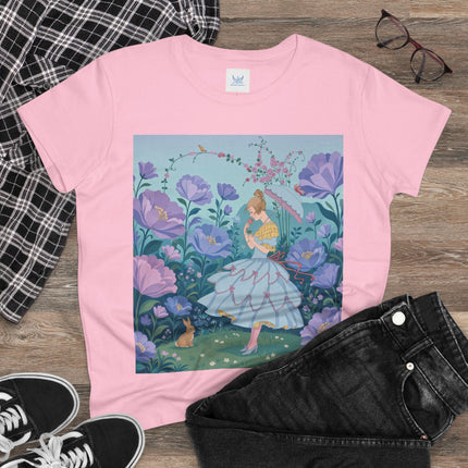 🌸🐇 The Secret Blossom Garden Cotton Tee – Art Deco Spring Whimsy