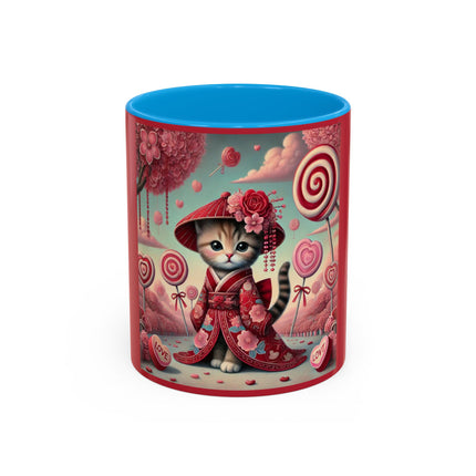 Whimsical Geisha Kitten in a Valentine Garden Colorful Mugs (11oz, 15oz)