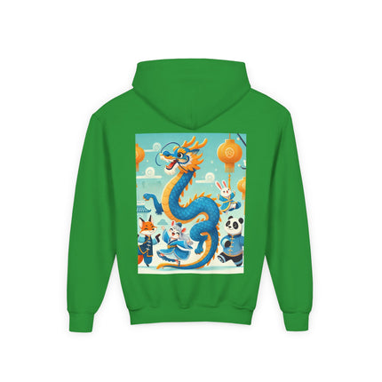 Blue & Gold Dragon Festival Parade Youth Hooded Sweatshirt – Joyful Celebration & Cultural Magic