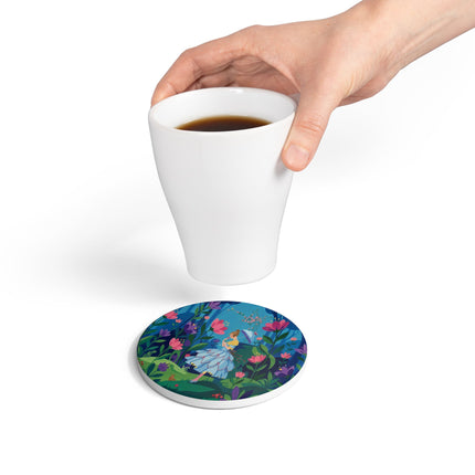 🌸☂️ A Stroll Through The Enchanted Forest Ceramic Coaster – Art Deco Floral Fantasy