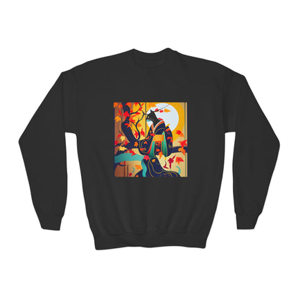Black Cat in Kimono Youth Crewneck Sweatshirt