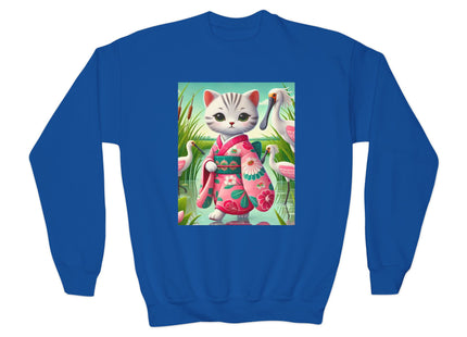 Geisha Kitten Strolls Among the Spoonbills Youth Crewneck Sweatshirt