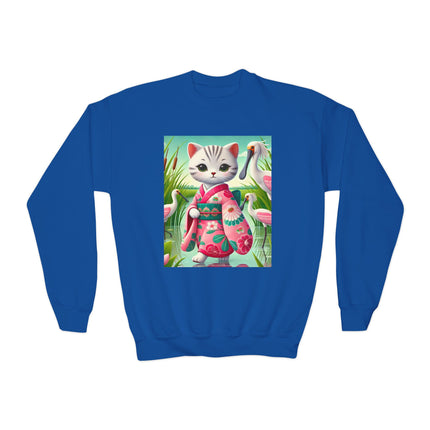 Geisha Kitten Strolls Among the Spoonbills Youth Crewneck Sweatshirt – Grace, Nature & Whimsical Elegance