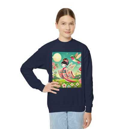 Geisha Fairy and the Hummingbird Blossom Youth Crewneck Sweatshirt – Magic, Grace & Dreamlike Beauty