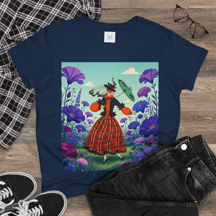 🌺✨ The Enchanted Flower Promenade Cotton Tee – Art Deco Fashion Whimsy