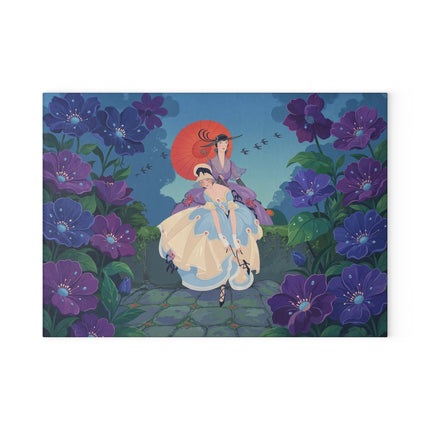 💜🌸 The Lady Of The Violet Garden Glass Cutting Board – Art Deco Floral Elegance