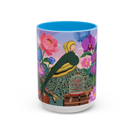 The Lady And The Crimson Birdcage Colorful Mugs – Art Deco Tropical Garden Elegance