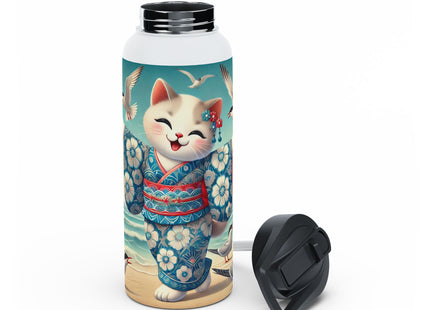 Geisha Kitten by the Seaside Stainless Steel Water Bottle, Standard Lid