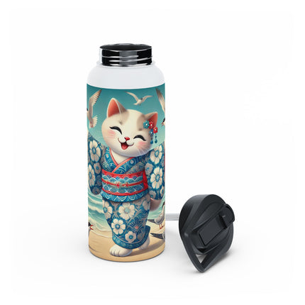 Geisha Kitten by the Seaside Stainless Steel Water Bottle, Standard Lid