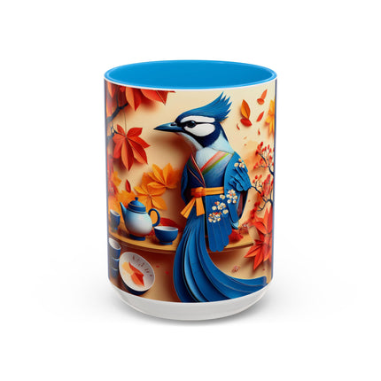 Blue Jay at an Autumn Tea Ceremony Colorful Mugs (11oz, 15oz)