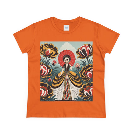 ❤️🌺 The Scarlet Parasol Garden Cotton Tee – Art Deco Floral Elegance