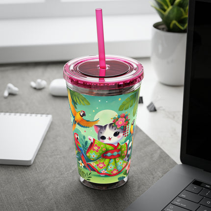 Parrot Dance of the Geisha Kitten Sunsplash Tumbler with Straw, 16oz