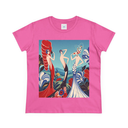 🌹🎭 The Three Ladies Of The Floral Promenade Cotton Tee – Art Deco Fashion Elegance