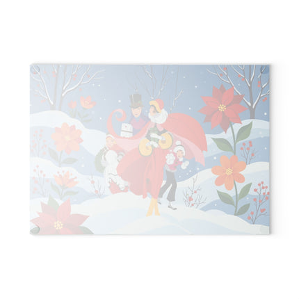 🎄🌺 The Christmas Carolers In The Poinsettia Garden Glass Cutting Board – Whimsical Holiday Fantasy