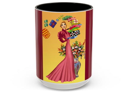 Elegant Holiday Woman with Gifts Colorful Mugs (11oz, 15oz)