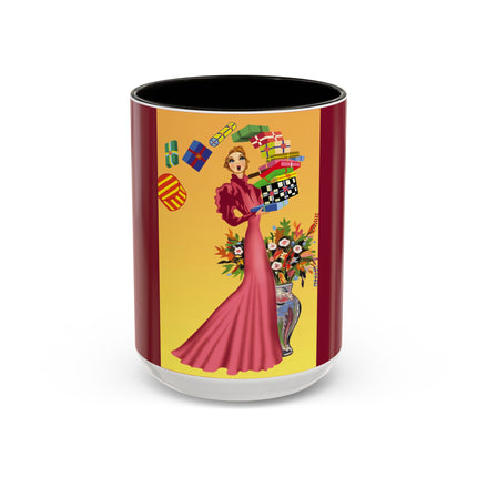 Elegant Holiday Woman with Gifts Colorful Mugs (11oz, 15oz)