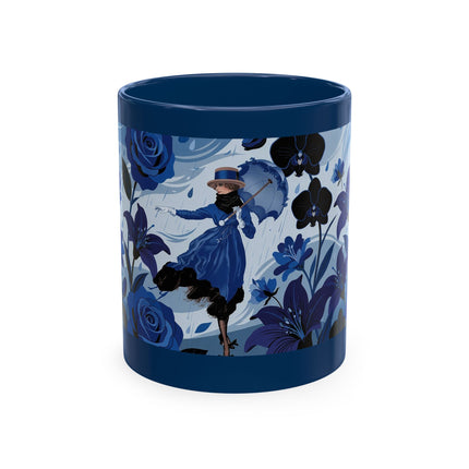 ☔💙 The Lady In The Blue Rain Garden Ceramic Mug – Art Deco Floral Elegance