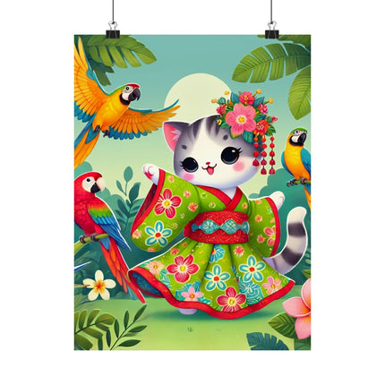 🦜🐱 Parrot Dance of the Geisha Kitten Matte Vertical Poster – Tropical Whimsy & Colorful Charm