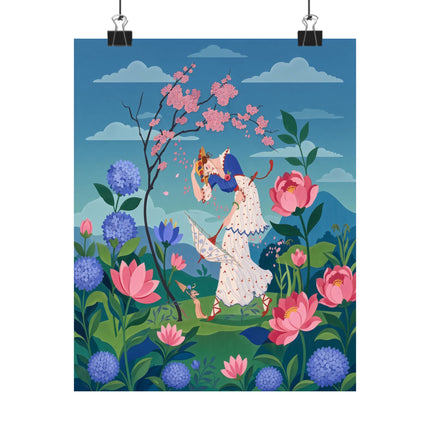 🌸☂️ The Lady Of The Falling Blossoms Matte Vertical Poster – Art Deco Garden Whimsy