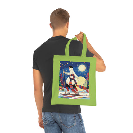 🎿🌙 The Moonlit Christmas Skier Cotton Tote Bag – Art Deco Holiday Adventure