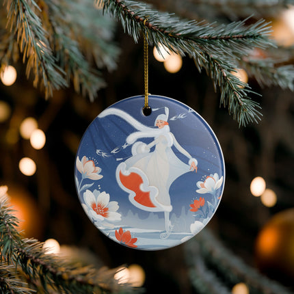 ❄️⛸️ The Winter Skater’s Flight Ceramic Ornament – Art Deco Floral Fantasy