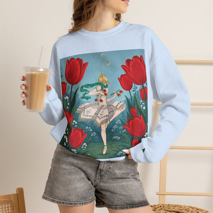 🌷🩰 The Scarlet Tulip Ballet Crewneck Sweatshirt – Art Deco Floral Whimsy