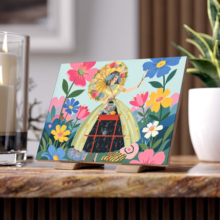 🌸🪞 The Floral Parasol Reflection Ceramic Tile – Art Deco Garden Fantasy