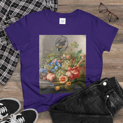 Still Life With Flowers, Fruit, A Great Tit And A Mouse by Herman Henstenburgh Women's Midweight Cotton Tee