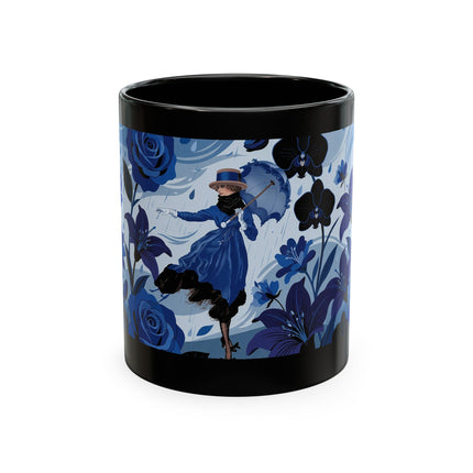 ☔💙 The Lady In The Blue Rain Garden Ceramic Mug – Art Deco Floral Elegance