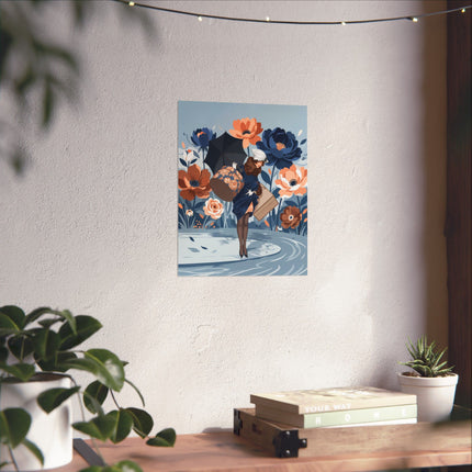 ☂️🌸 The Lady Of The Grand Floral Journey Matte Vertical Poster – Art Deco Fashion Illustration
