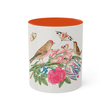 Pair of Brown Birds on Bouquet with Tulip, Rose, Snapdragons, and Butterflies by Anonymous Colorful Mugs, 11oz