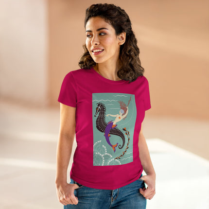 Mermaid on Seahorse Women's Midweight Cotton Tee – Dreamy Ocean Fantasy