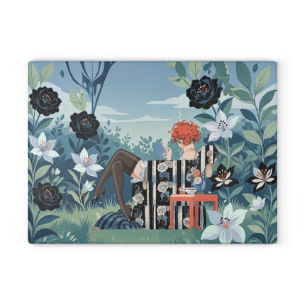 📚🌹 The Red-Haired Reader Glass Cutting Board – Art Deco Floral Garden
