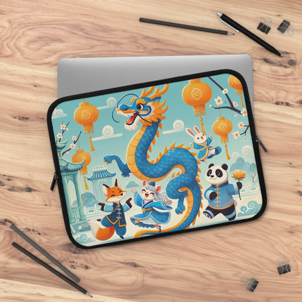 Blue & Gold Dragon Festival Parade Laptop Sleeve – Joyful Celebration & Cultural Magic