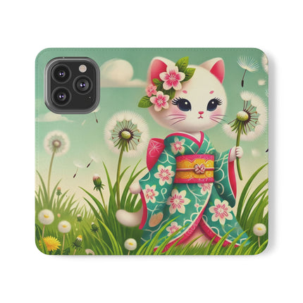 🌾🌼 Geisha Kitten and the Dandelion Wish Flip Case – Gentle Wishes & Quiet Wonder