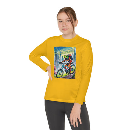 Cyberpunk Frog Youth Long Sleeve Competitor Tee – Neon Trails & Futuristic Adventure