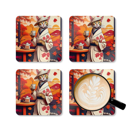 Bengal Cat at a Cozy Autumn Café Corkwood Coaster Set