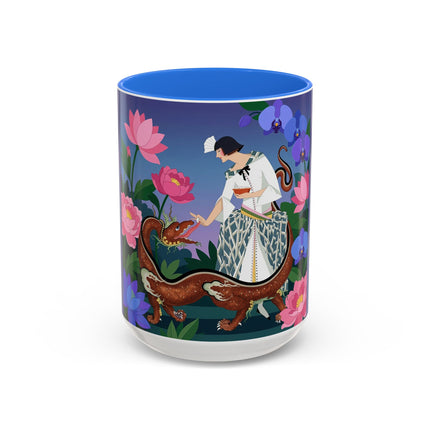 The Lady And The Garden Dragon Colorful Mugs – Art Deco Mythical Botanical Elegance