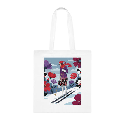 🎿🌺 The Winter Flower Skier Cotton Tote Bag – Art Deco Winter Fantasy